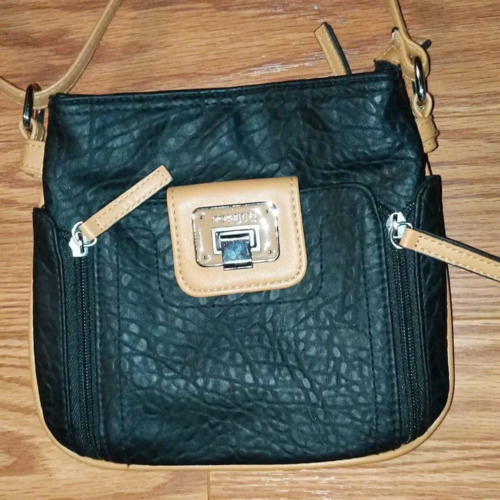 Rosetti Women’s Mini Black  Tan Faux Leather Crossbody Bag Front Wallet